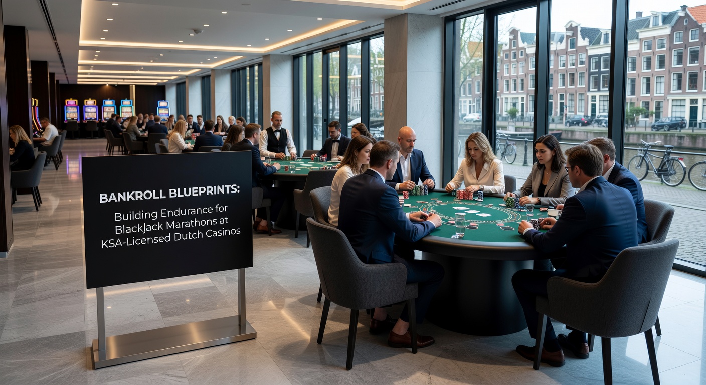 Tafel met blackjack-chips en bankroll-tracker, symboliserend strategieën voor lange sessies bij Nederlandse casinos