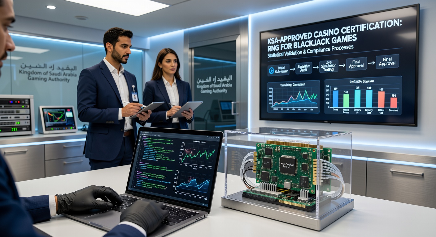 RNG-certificatieproces in een KSA-gelicentieerd casino met blackjacktafels en testapparatuur