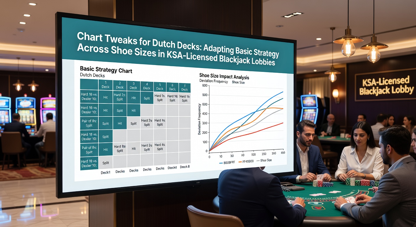 Een blackjack-strategiekaart met markeringen voor verschillende shoe-groottes, zichtbaar op een digitaal scherm in een online lobby