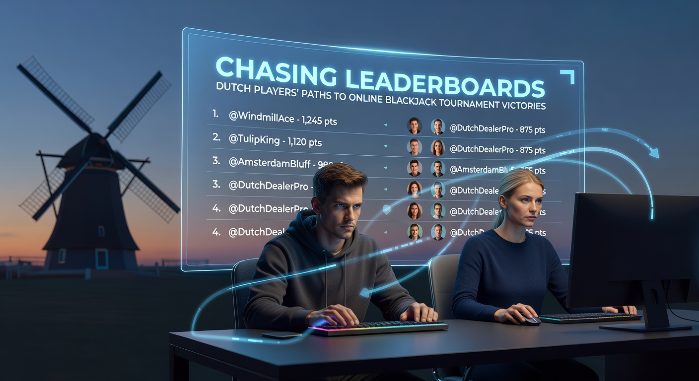 Nederlandse blackjackspeler staart geconcentreerd naar een online toernooi-leaderboard op een laptop, met chips en kaarten op de achtergrond