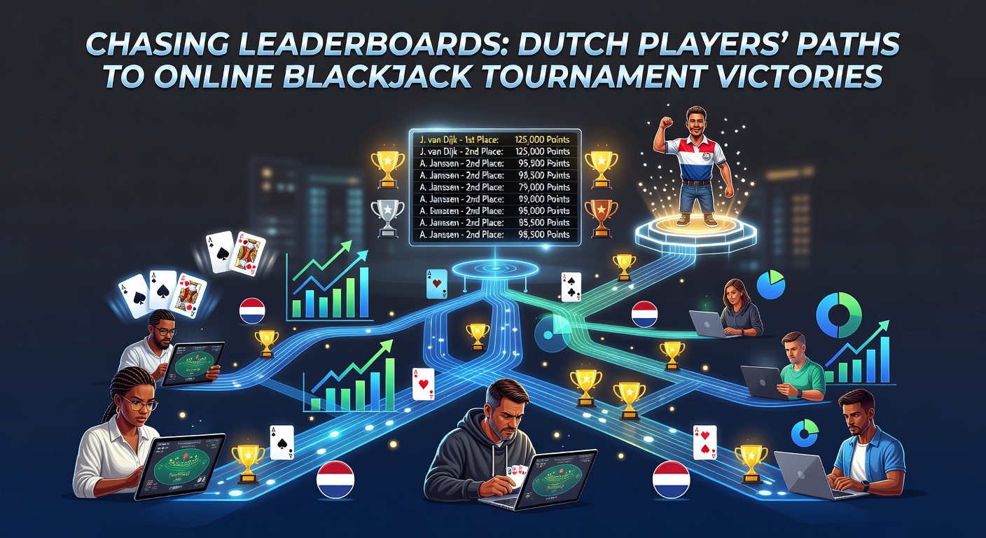 Schermafbeelding van een bruisende online blackjacktoernooilobby met Nederlandse spelers in de top van de leaderboard, chips vliegen virtueel rond