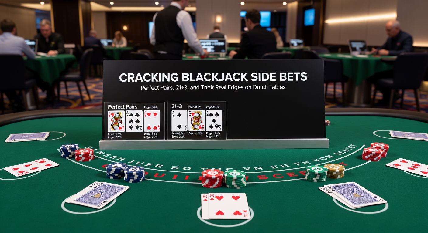 Close-up van een Perfect Pairs side bet uitbetaling op een live blackjack stream uit een Nederlands casino, met chips en kaarten in beeld