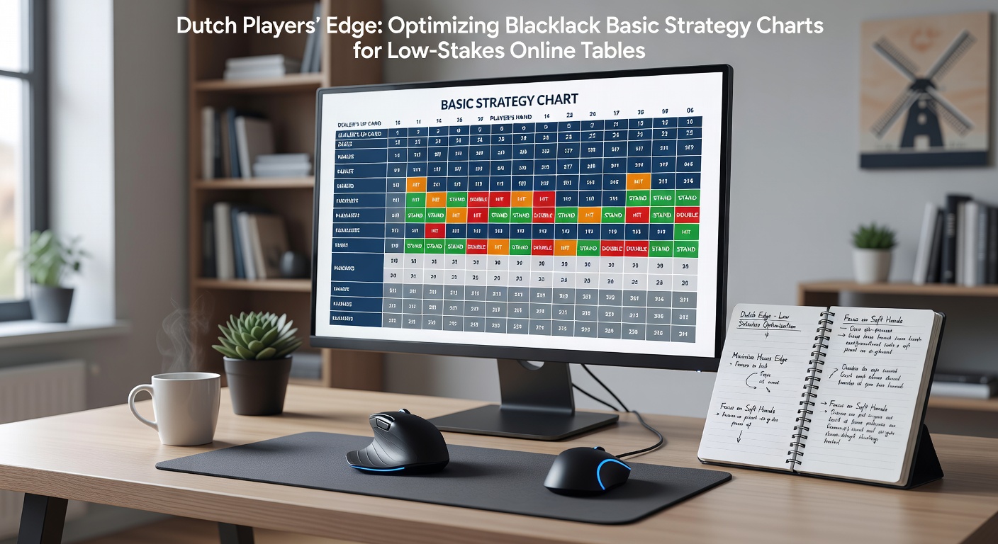 Een gedetailleerde blackjack basisstrategie tabel op een online scherm, aangepast voor lage inzetten bij Nederlandse casino's