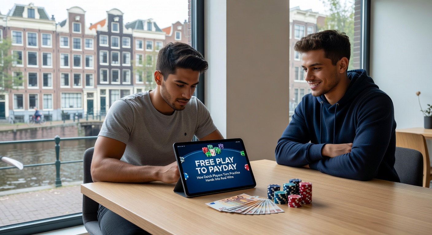 Een Nederlandse blackjackspeler die van free play modus overschakelt naar een echte inzettafel, met kaarten en fiches in beeld