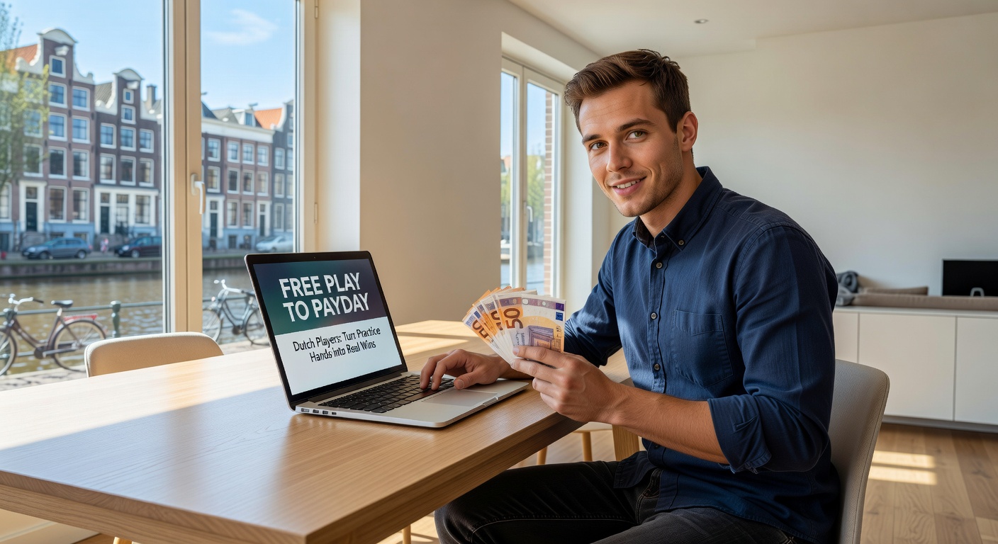 Schermafbeelding van een free play blackjacktafel die overgaat in een real money sessie, met Nederlandse vlag en winnende fiches