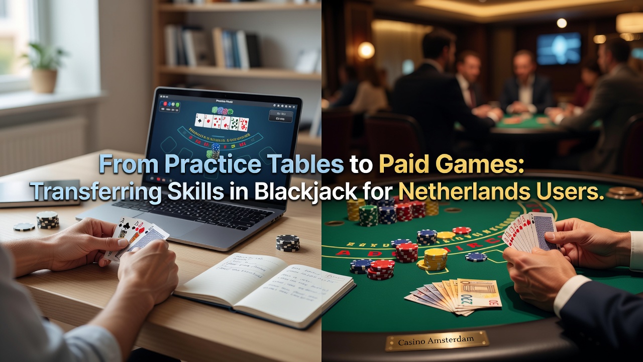 Overzicht van blackjack tafel met kaarten en chips die de overgang van oefenen naar betaald spelen illustreren