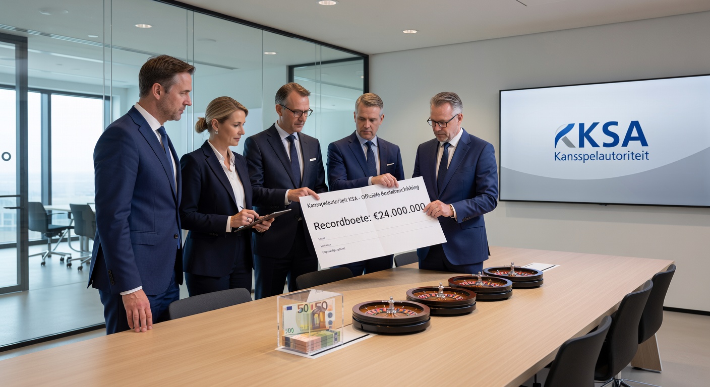 Grafiek met stijgende boetes van de KSA en afbeeldingen van geblokkeerde casino-sites, illustrerend de toename in handhaving