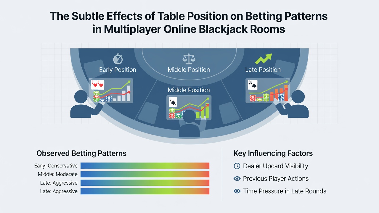 Detailopname van inzetpatronen en kaarten in een online blackjack sessie met focus op positie-effecten