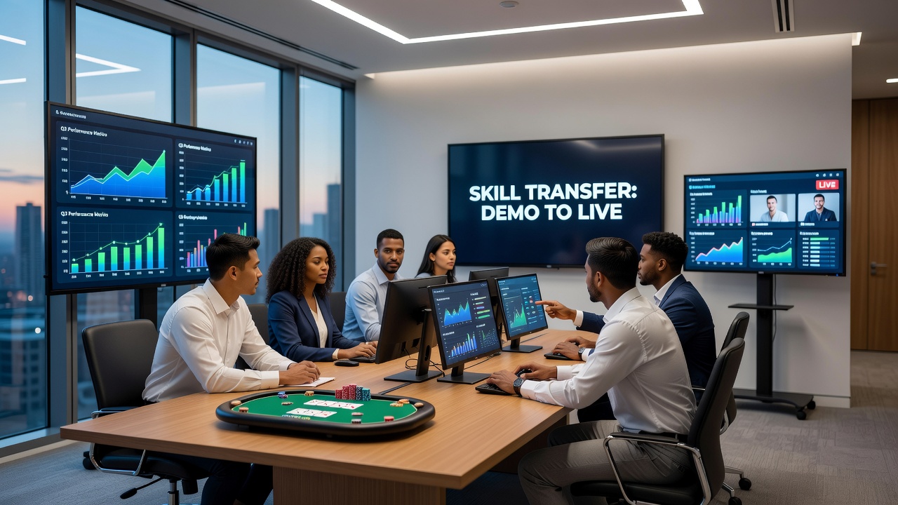 Overgang van demo naar real stakes met grafieken die vaardigheidsoverdracht tonen in online blackjack